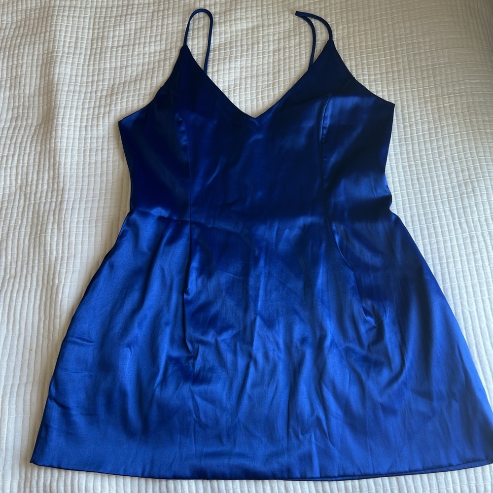 Blue satin v-neck mini dress